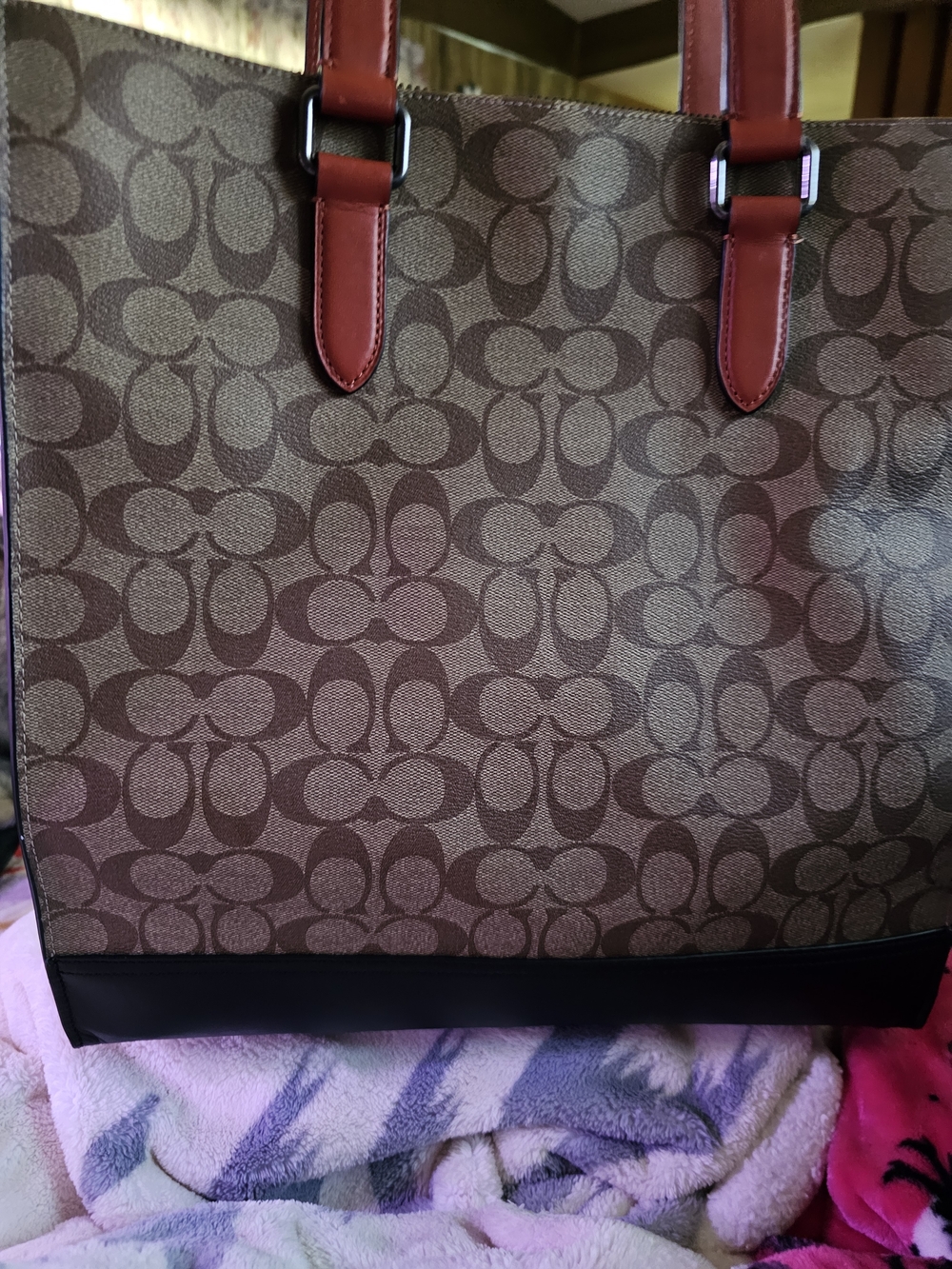 Coach Signature Canvas Tote Bag in Brown with Red Handles NWOT Retail $498 - Picture 6 of 7